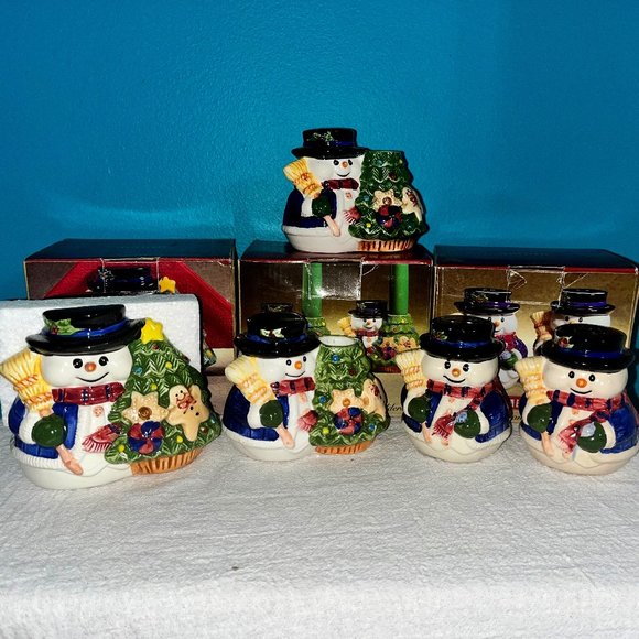 HomeTrends Other - Vintage Ceramic Snowman Napkin Holder, Candle Holders, Salt and Pepper Set